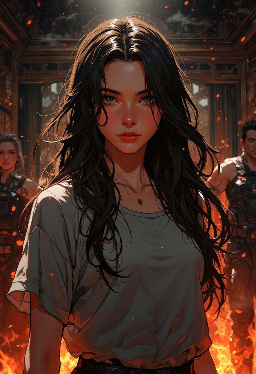 Animr,  niki,  A woman with long hair is shown in a room with fire and smoke. She is wearing a gray shirt. There are other...