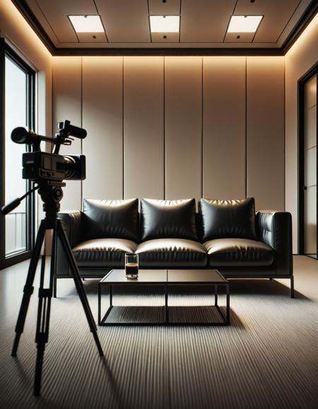 A high-quality,  realistic photograph of a modern casting office interior featuring a simple black leather couch positione...
