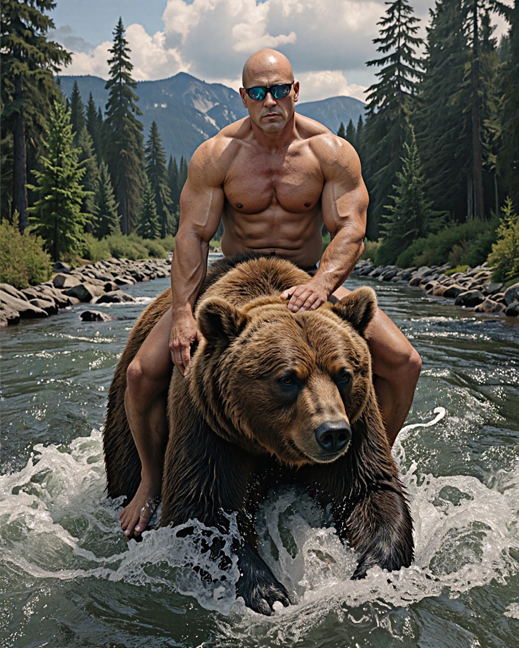 This is a digitally rendered image of a muscular man,  shirtless,  with a bald head and wearing reflective sunglasses on T...