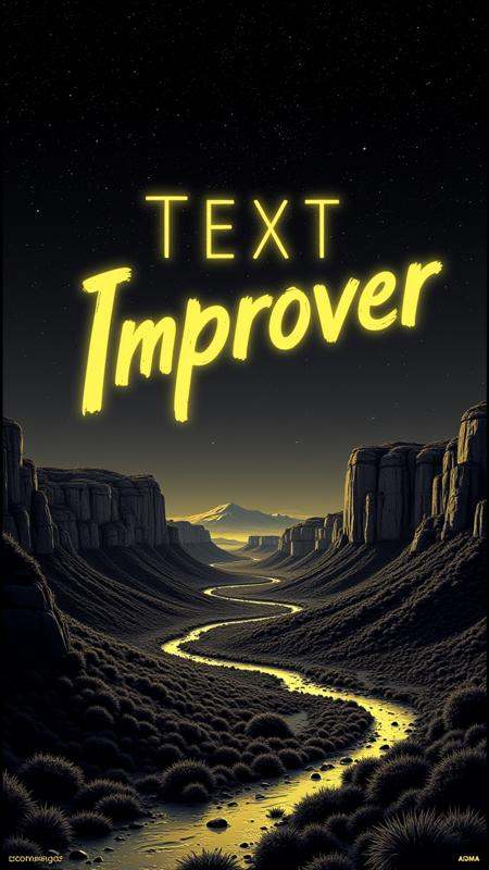 Bioluminescent Poster with Text:"Text Improver" and a small text:"by AIDMA" at the bottom,  landscape of a Accomplished El...