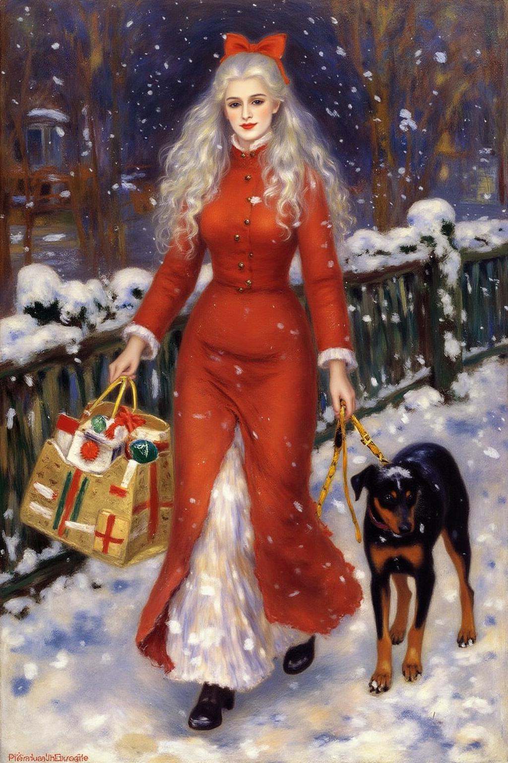 pierreaugusterenoir1 painting. A woman with long,  wavy white hair is wearing a red dress with a high slit and a red bow i...