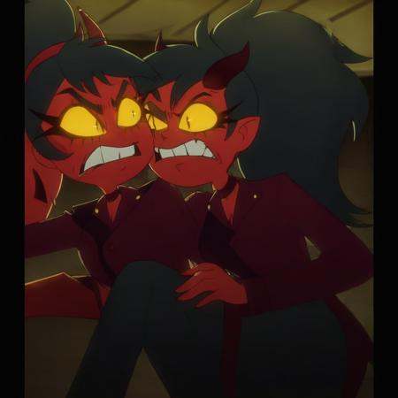 (red colored skin two female devil) (devil tail) (gapped teeth) (black hair ponytail red hairband black devil horns with w...