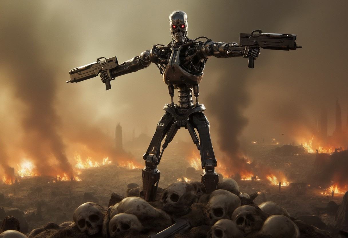 a T800_Endo Terminator Robot with red eyes stands in a destroyed apocalyptic city while holding two futuristic guns and ai...
