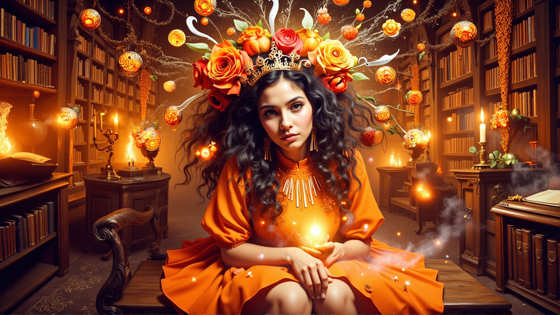 HalloweenGlowStyle orange themed Fantasy oil painting,  vibrant colors,  a young woman with a crown of flowers on Tensor.Art