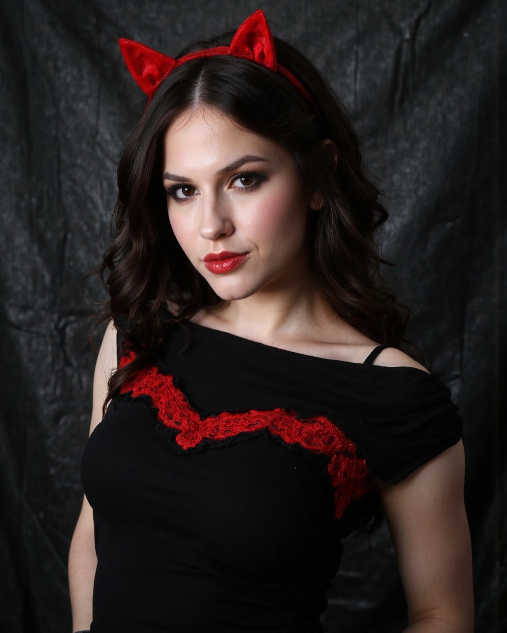 A portrait of erin_sanders against a dark,  textured background. She wears a black off-the-shoulder top with red lace trim...