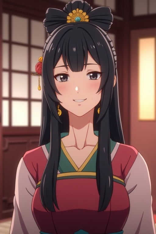 2D style,A girl with long black hair and black eyes is smiling in the room wearing Chinese clothes,