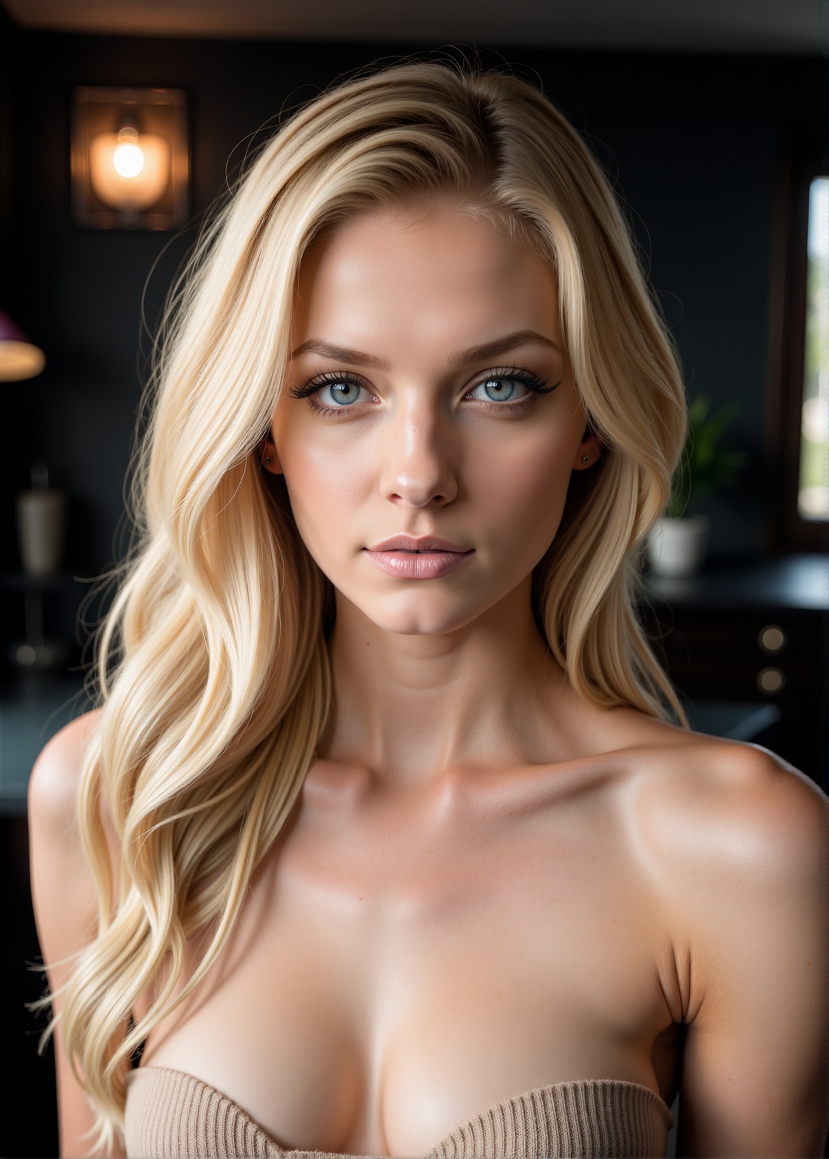 Blonde Hair,  21 years old,  Upper body photo. 1Female. . Highly Detailed expressive eyes. Soft features. Light make up on...