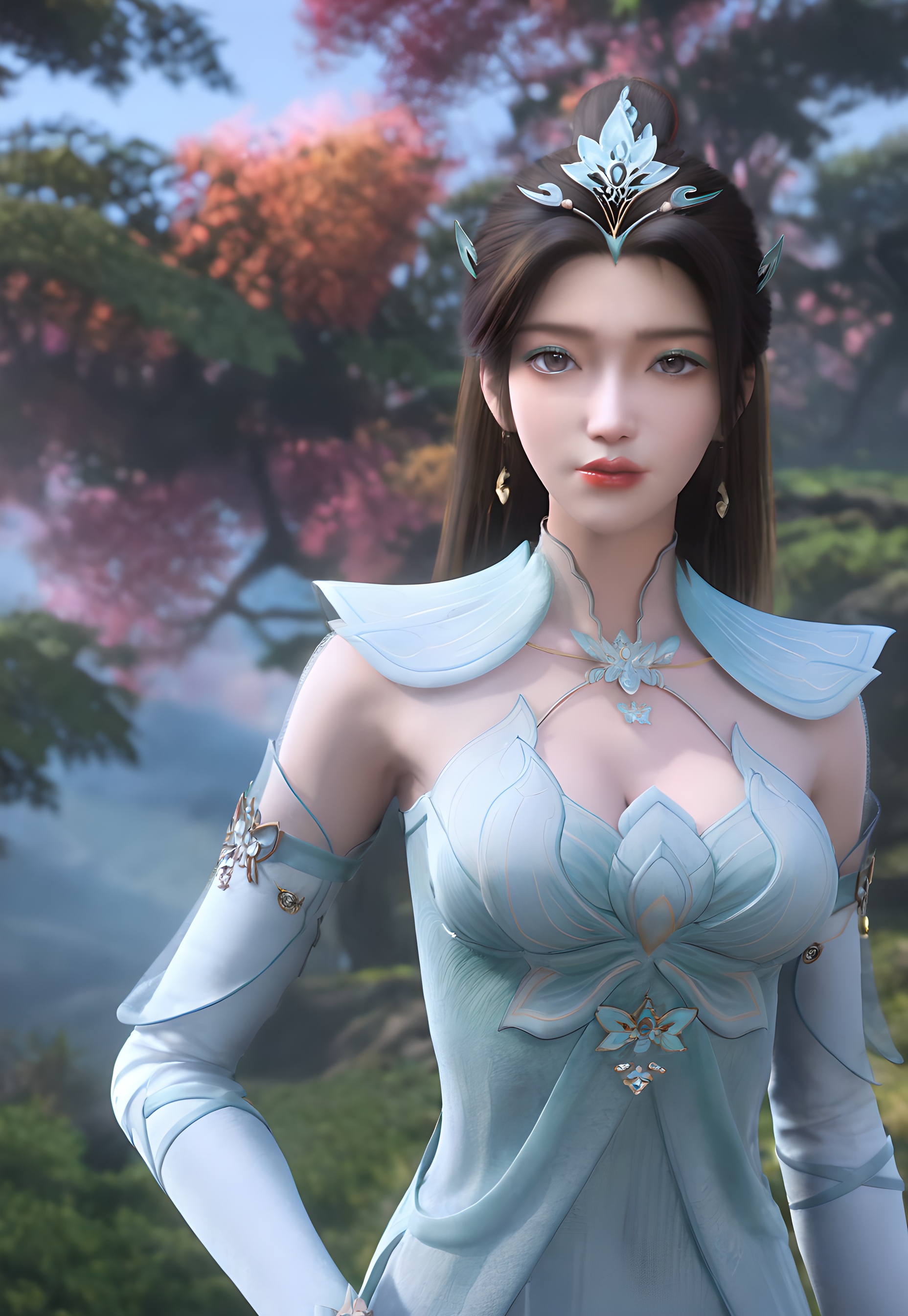 score_9,score_8_up,score_7_up,<lora:SF_YanRuYu_Pony-000003:0.7>,1girl,solo,standing,dress,breasts,large breasts,red lips,jewelry,hair ornament,earring,looking at viewer,white background,