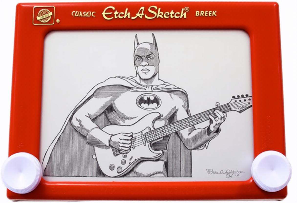 This image is a photograph of a drawing created using the Etch A Sketch toy,  a classic handheld drawing toy that uses a s...