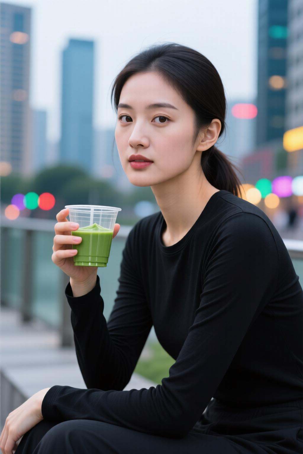 midjourneymix10q photograph.Chinese woman is sitting outdoors,  holding a transparent cup filled with green matcha. She is...