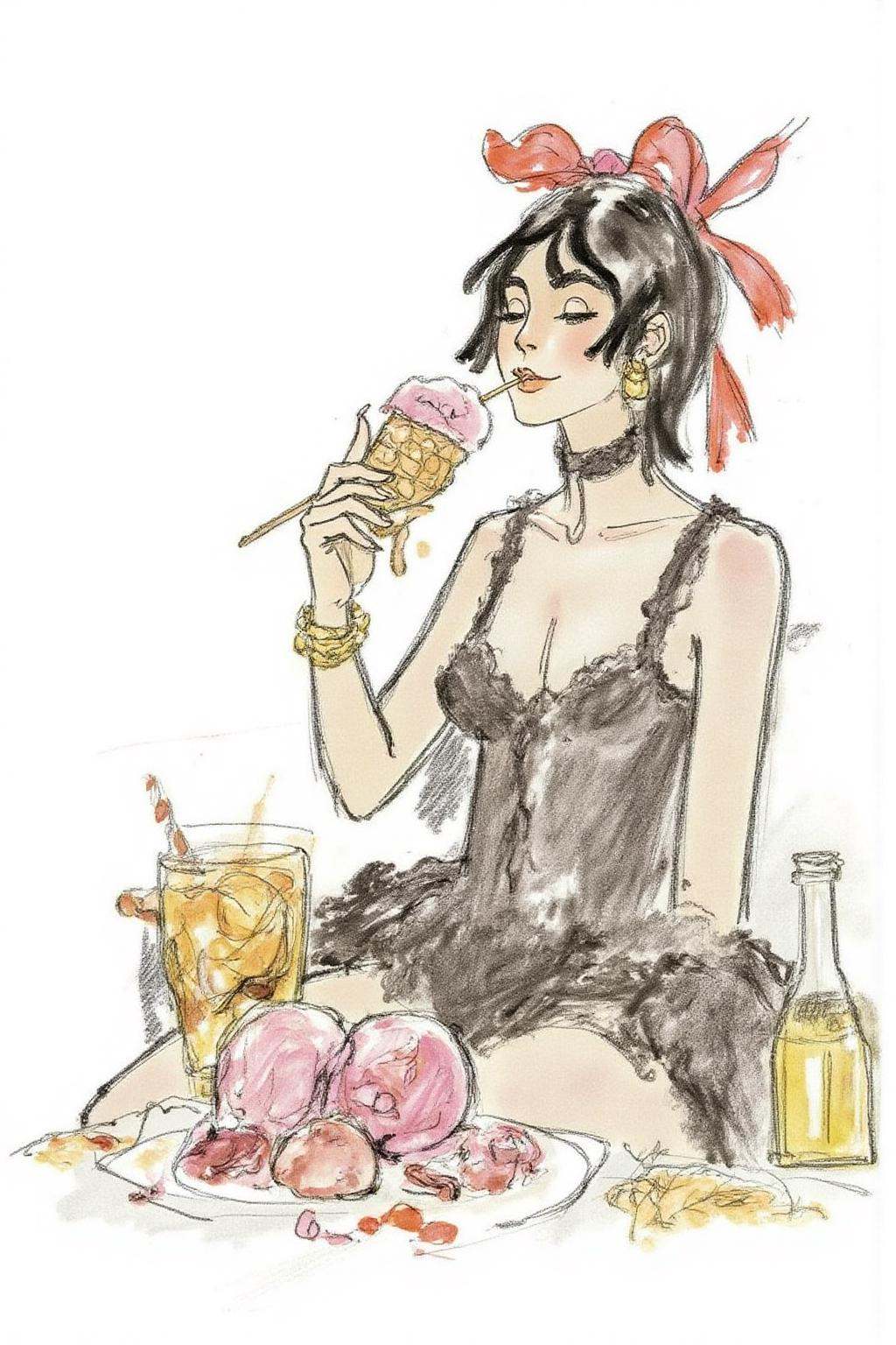 hugop1 illustration. A woman,  sitting on the ground eating ice cream. on Tensor.Art