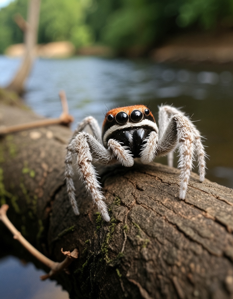 T1lt5h1ft,  jumpingspider,  branch in the river on Tensor.Art