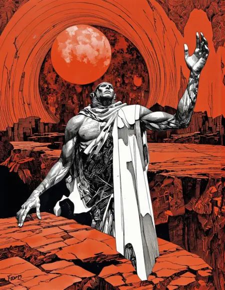 Art by Sergio Toppi. A black and white,  stylized illustration of a muscular,  anthropomorphic male figure standing in a d...