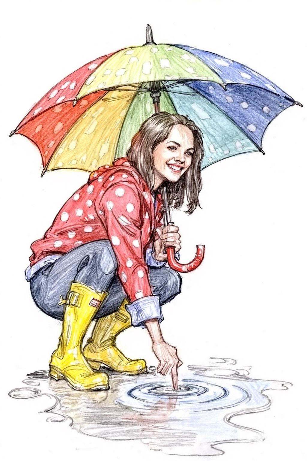 Pencil sketch. A young woman,  angled from slightly above and to the right,  crouching low to the ground in a puddle. The...