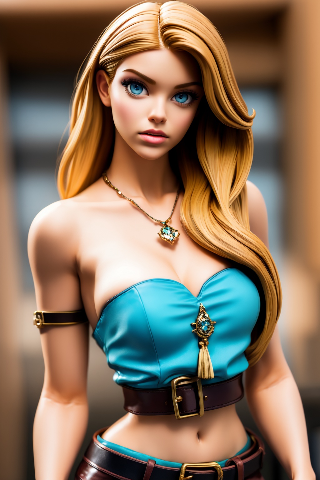 1girl, breasts, jewelry, long hair, blonde hair, solo, looking at viewer, necklace, realistic, blurry background, cleavage, blurry, belt, blue eyes, bare shoulders, strapless