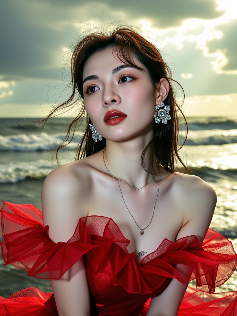 There are wonderful studio lights and various reflections,  her detailed pale skin is naturally showing the texture of blo...