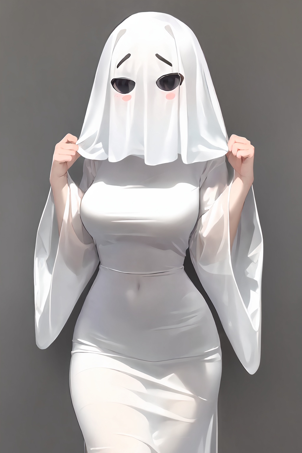 1girl, solo, grey background, simple background, dress, breasts, white dress, ghost costume, wide sleeves, veil, long sleeves, see-through, hands up, blush, long dress <lora:lora:0.7>