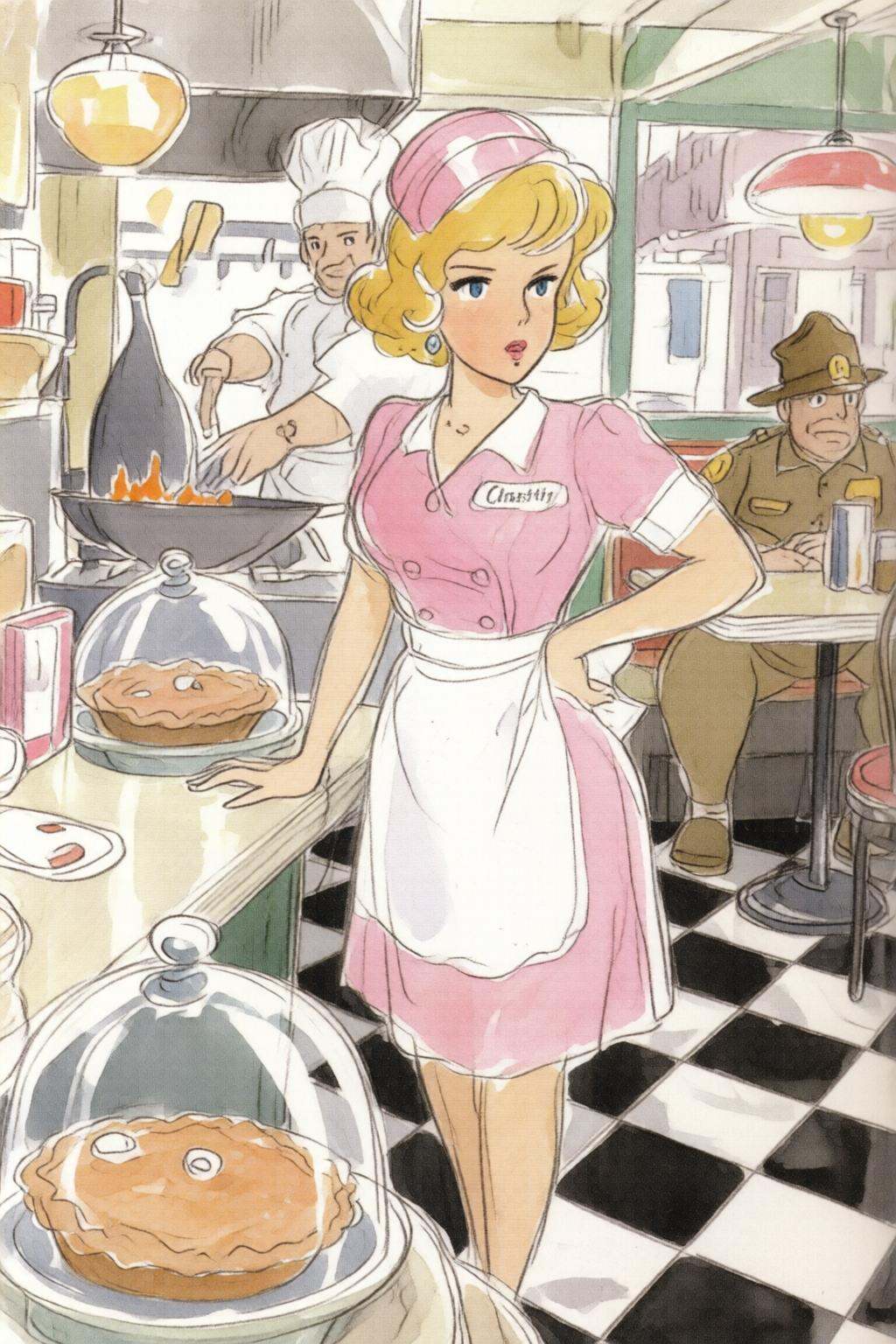 hayaomiyazaki3q illustration.Silmas. A waitress named "Chastity" standing behind the formica counter of a sun-drenched,  c...