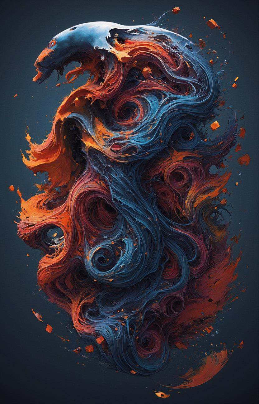 complex picture of a fish sitting in a boat and is fishing made out of cybergenetic repelling magnetic scale lines,  color...