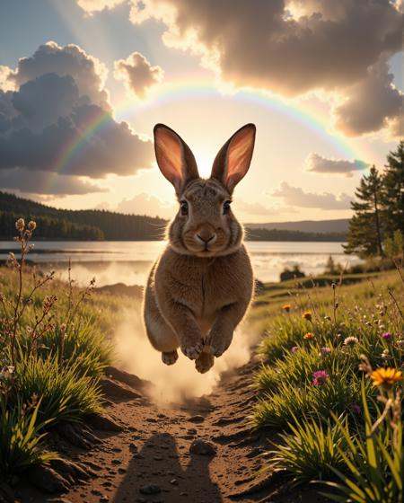 The foreground is dominated by a vibrant,  lively rabbit mid-hop,  perfectly framed as the central subject. The rabbit’s f...