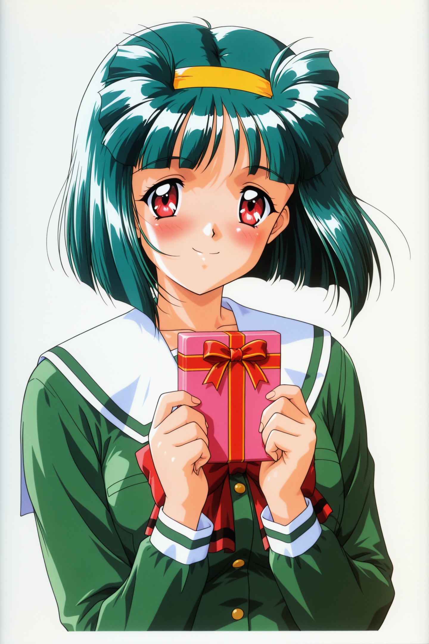 Original Style,Sakura Kaedeko,1girl,solo,gift,hairband,school uniform,red eyes,blush,holding gift,short hair,1990s \(style\),holding,green hair,smile,box,retro artstyle,long sleeves,gift box,white background,looking at viewer,red bow,simple background,valentine,upper body,white sailor collar,<lora:Tokimeki Memorial 2_illustriousXL_v2:1>,