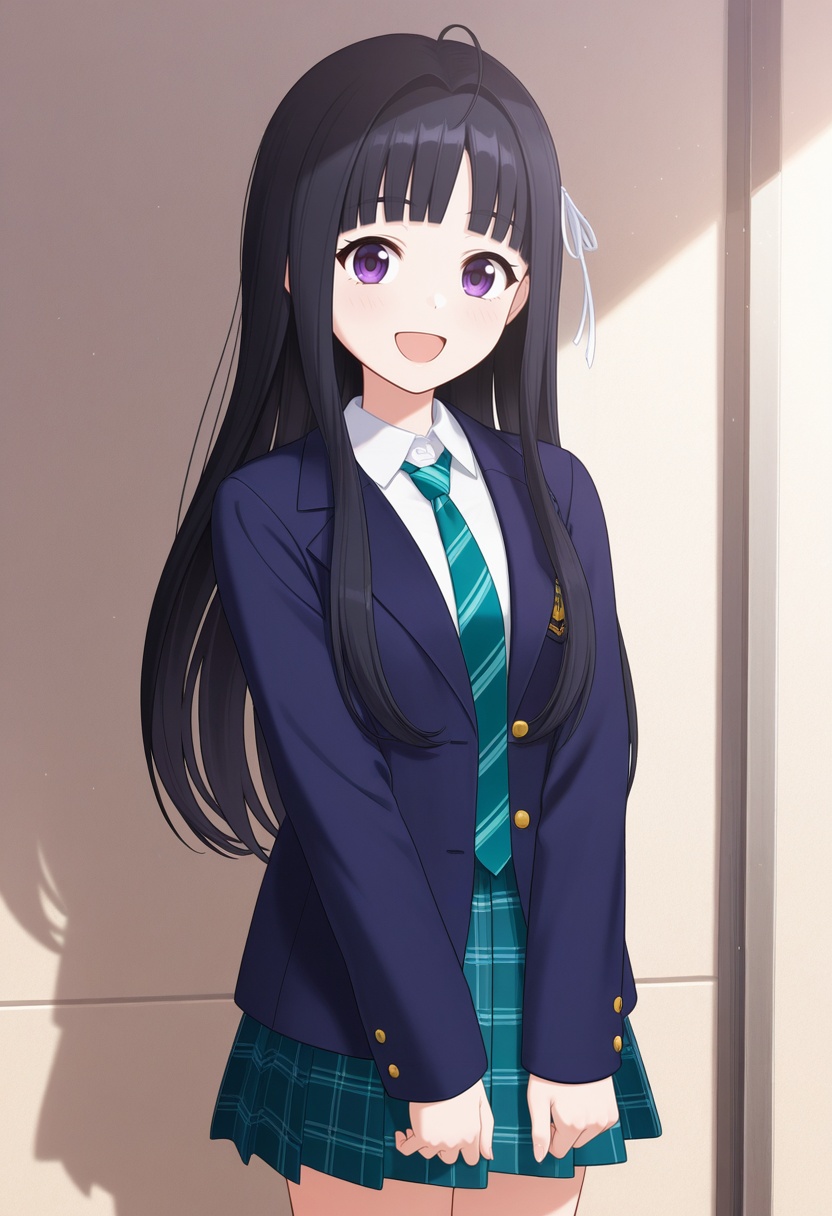<lora:486_v1.0_illustrious-000018:1>,SUBARUAWA,solo,purple eyes,long hair,necktie,black hair,hair ribbon,ribbon,smile,looking at viewer,shirt,school uniform,open mouth,blunt bangs,blush,collared shirt,jacket,white shirt,cowboy_shot