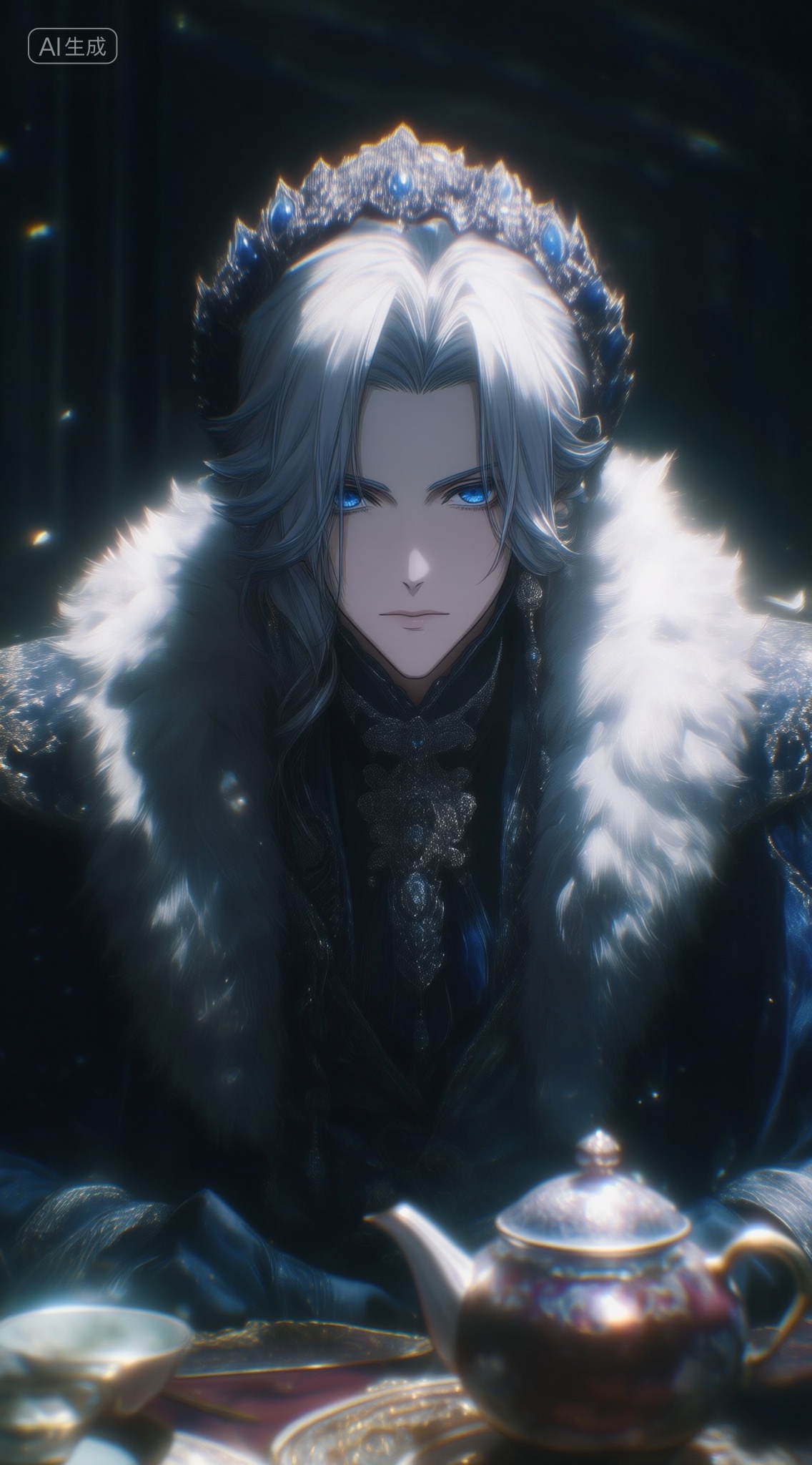 a digital illustration shoot from a close-up camera angle about a character with silver hair and blue eyes,  dressed in a...