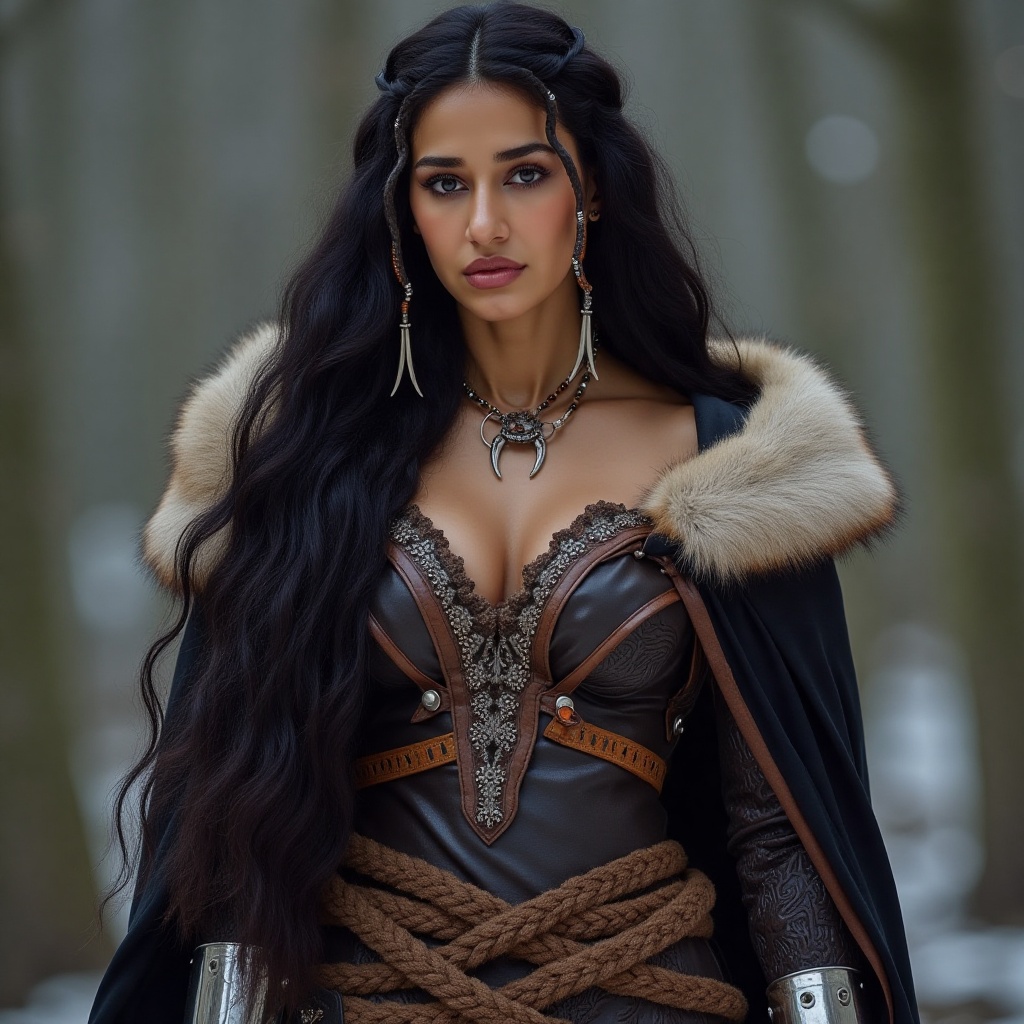 DishaPataniFlux,  stunning Nordic woman wearing a fur lined leather mantle and belt of braided animal hair,  she wears sil...