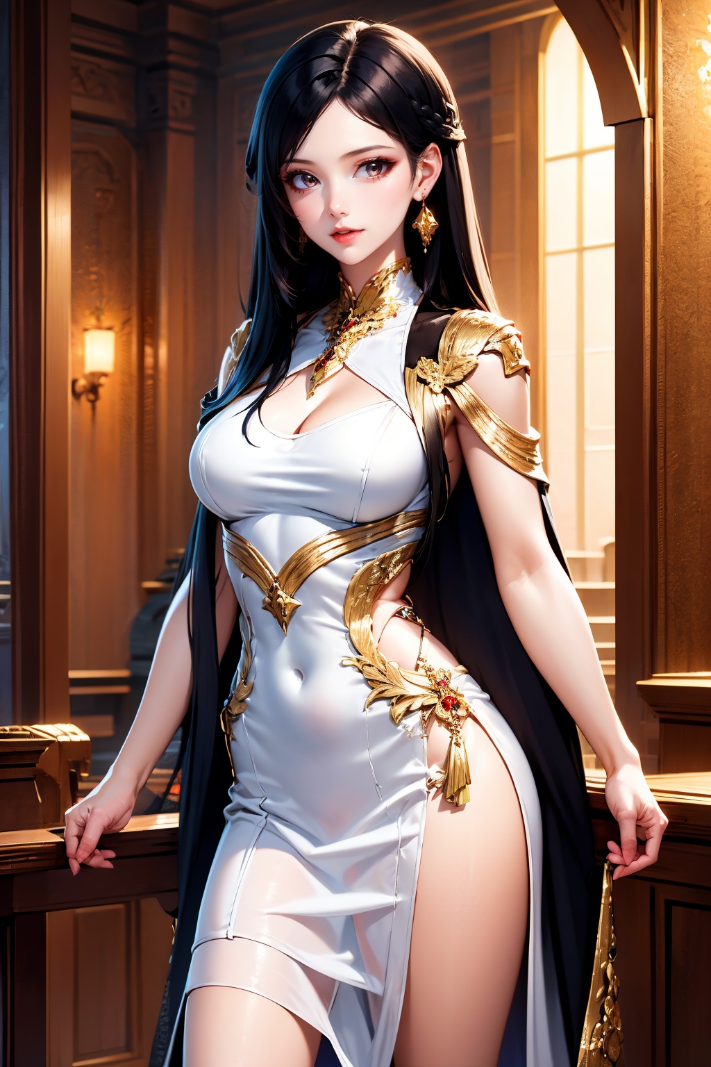 1girl, jewelry, solo, dress, white dress, earrings, long hair, breasts, black hair, clothing cutout,