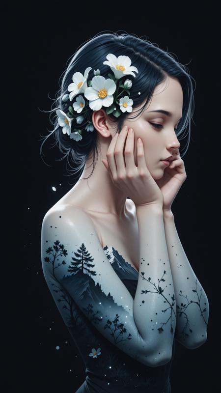 Jeddbleil,  double exposure,  silhouette blended with blooming flowers on Tensor.Art