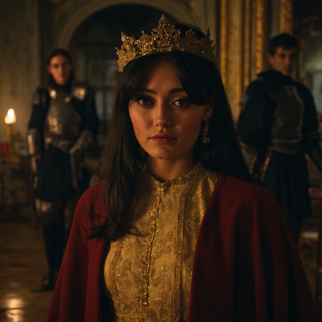 A portrait of ella_purnell with black hair,  wearing a golden crown with intricate detailing. She is wearing a golden dres...