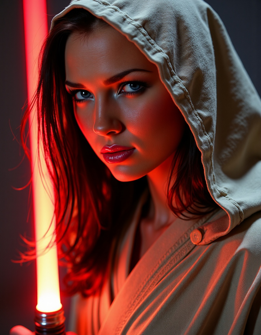 A calm yet resolute Jedi from the Star Wars universe stands before us,  draped in a flowing,  hooded robe. Her eyes shine...