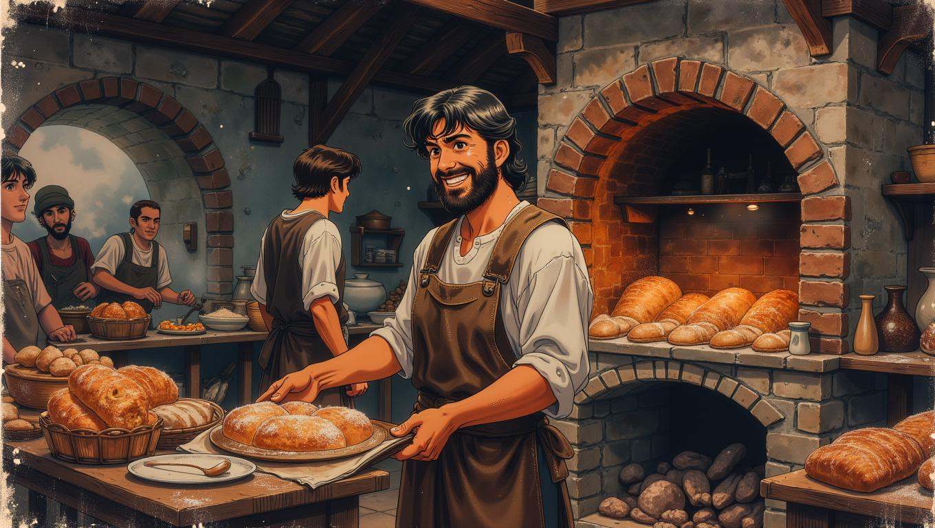 A jovial medieval baker,  with flour-dusted hands and a warm smile,  pulls a tray of freshly baked bread from a large on T...