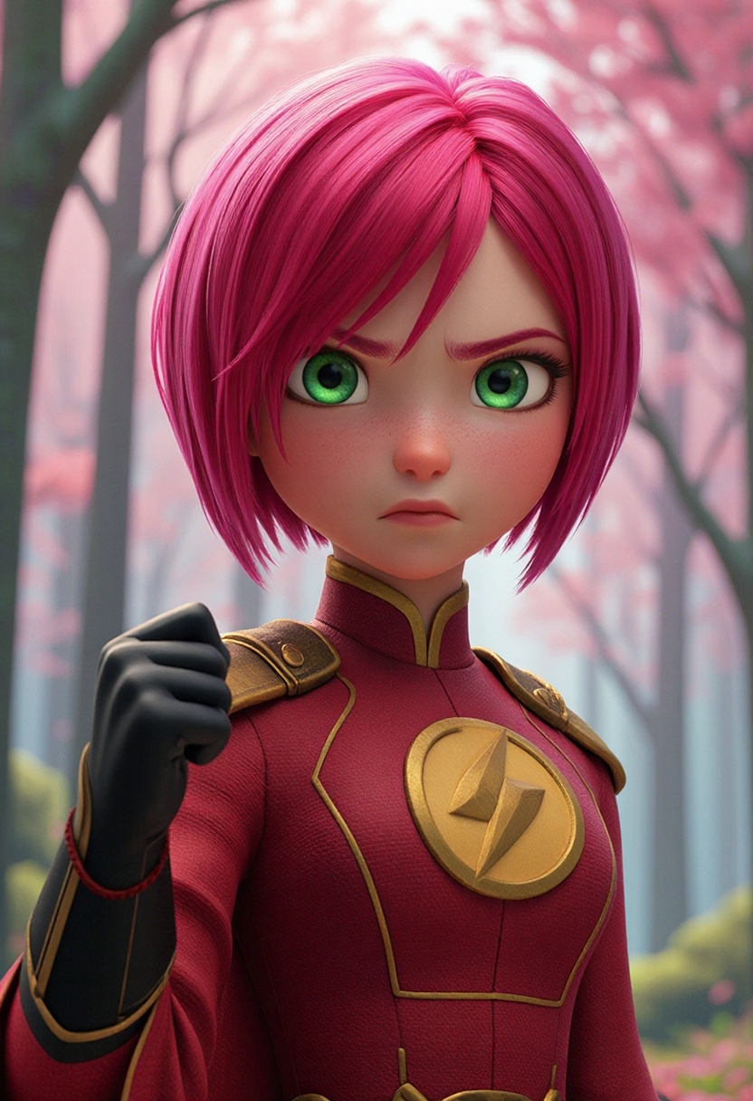 A determined young girl with short,  bright pink hair and sparkling green eyes,  wearing a red tunic with the iconic circu...