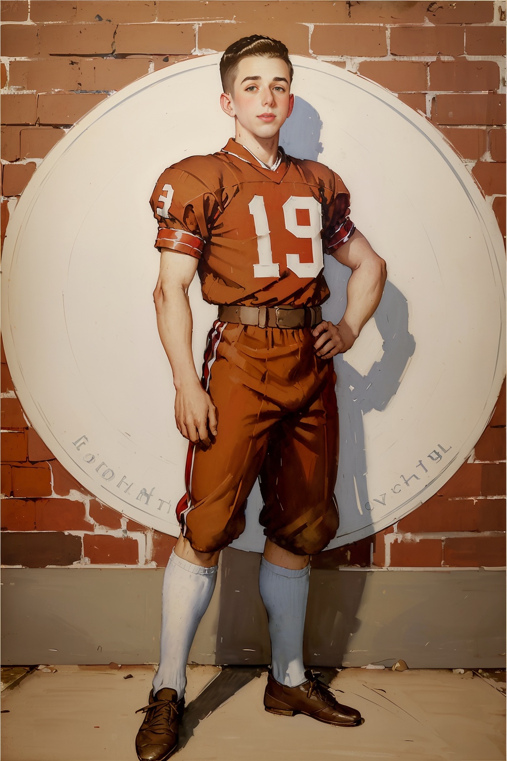 oil painting style,  oil painting,  (Norman Rockwell painting) of (JoeyMills) dressed as a 1950's football player standing...