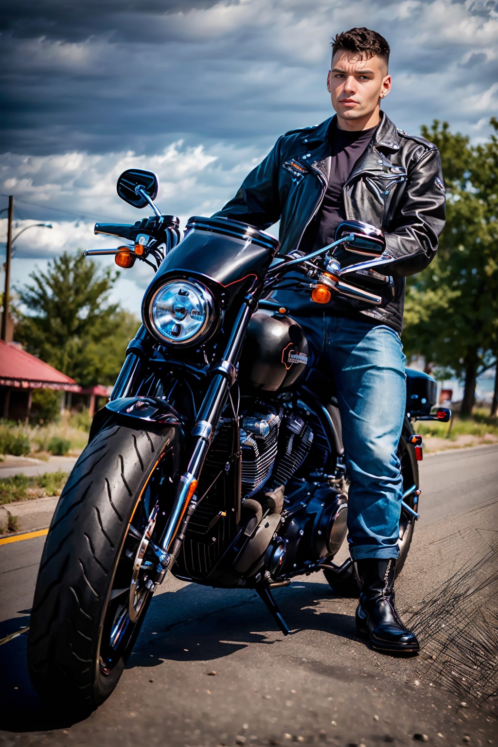 Cafe alongside Route 66,  ((leaning on parked Harley-Davidson motorcycle)),  MalikDelgaty is a biker on Tensor.Art