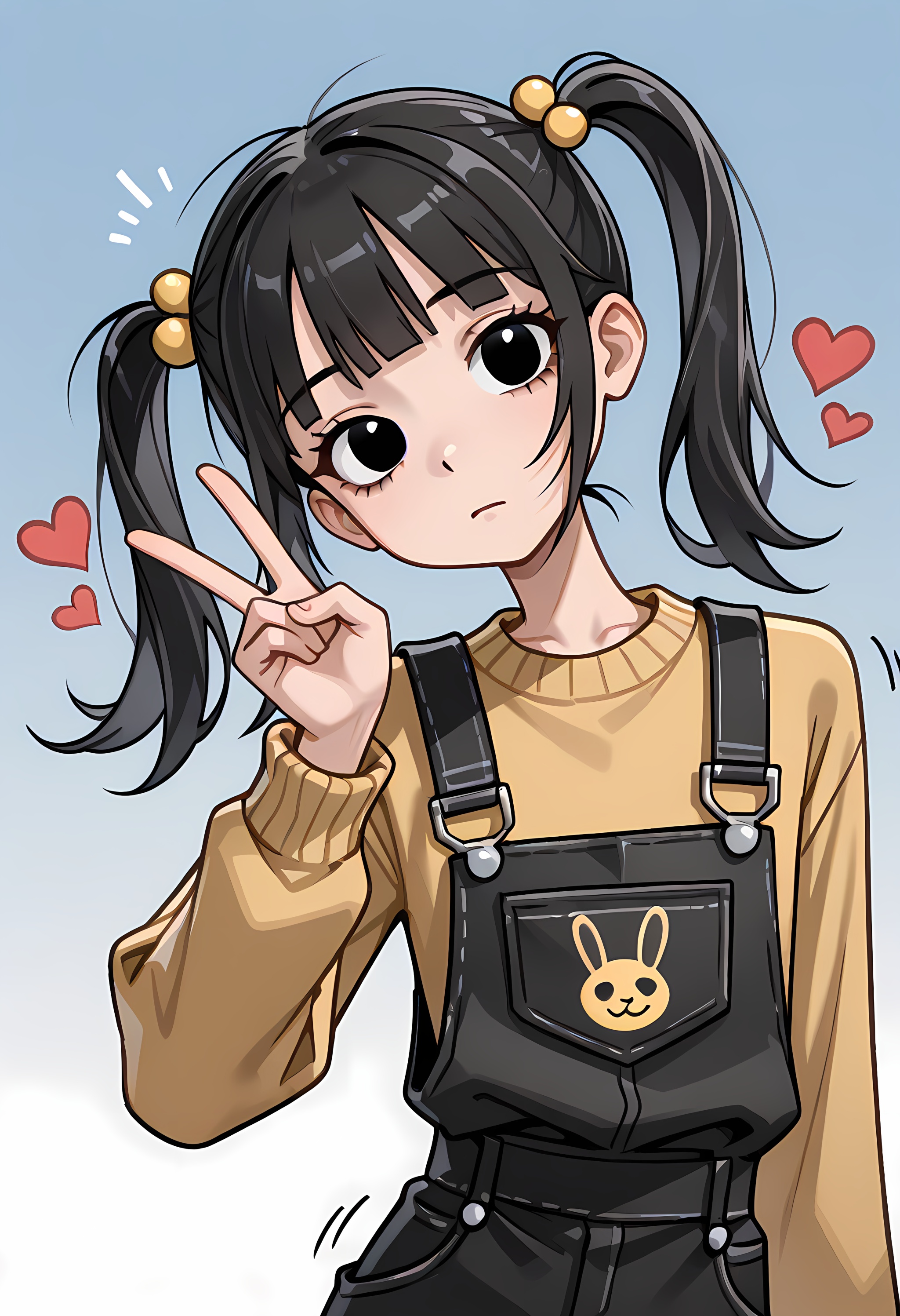 a drawing of a cartoon female wearing overalls 1girl,  black hair,  twintails on Tensor.Art