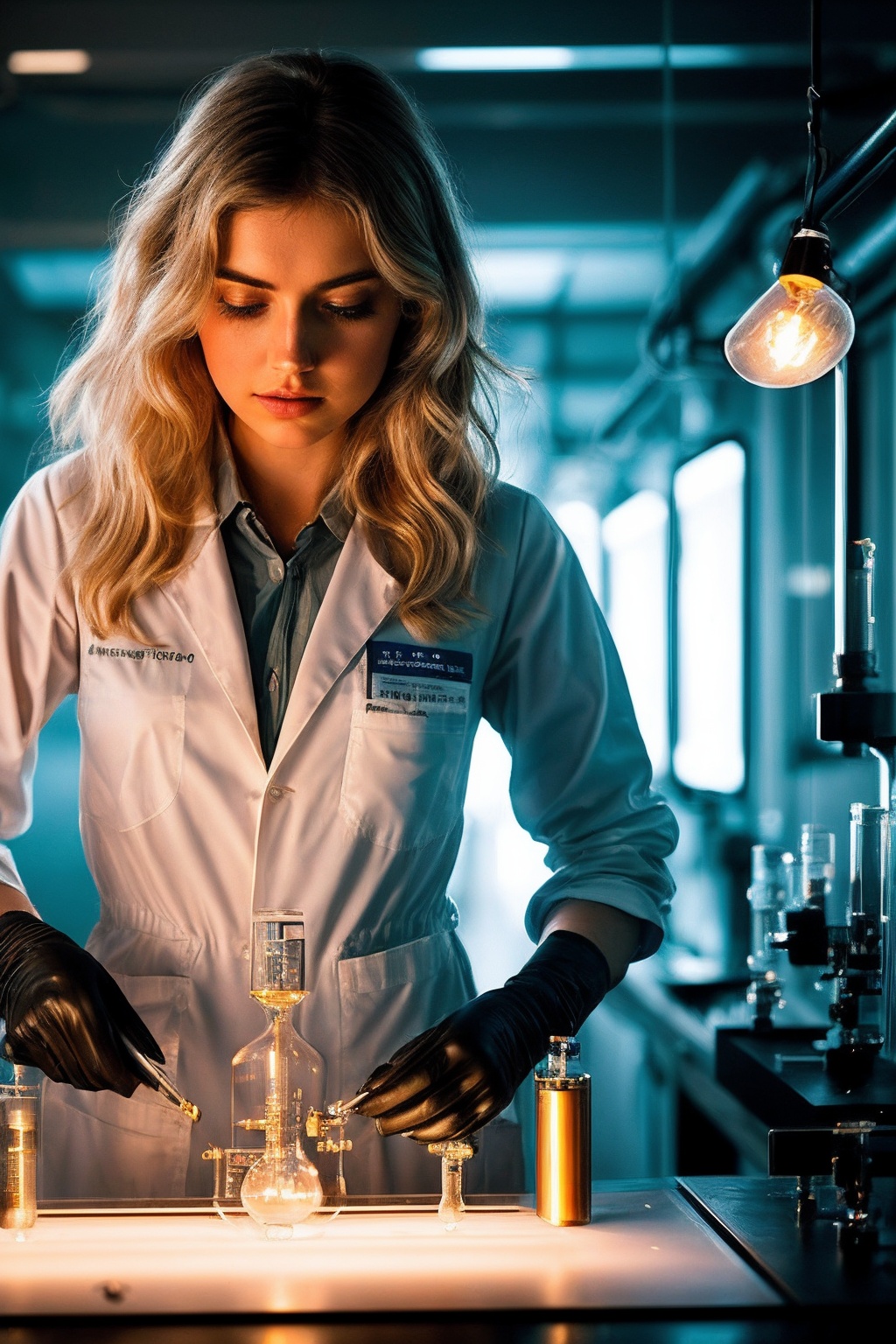 ImogenP_SoloTI_v1,  (In a striking,  alchemical outfit with elements inspired by laboratory attire and scientific accessor...