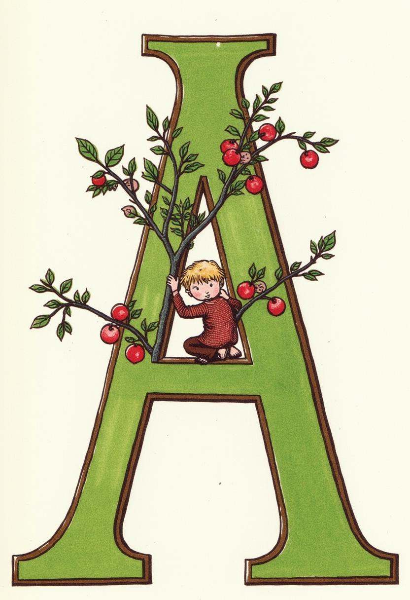 watercolor and ink illustration by Kate Greenaway. Features large green letter 'A' with brown border,  showcasing a boy cl...