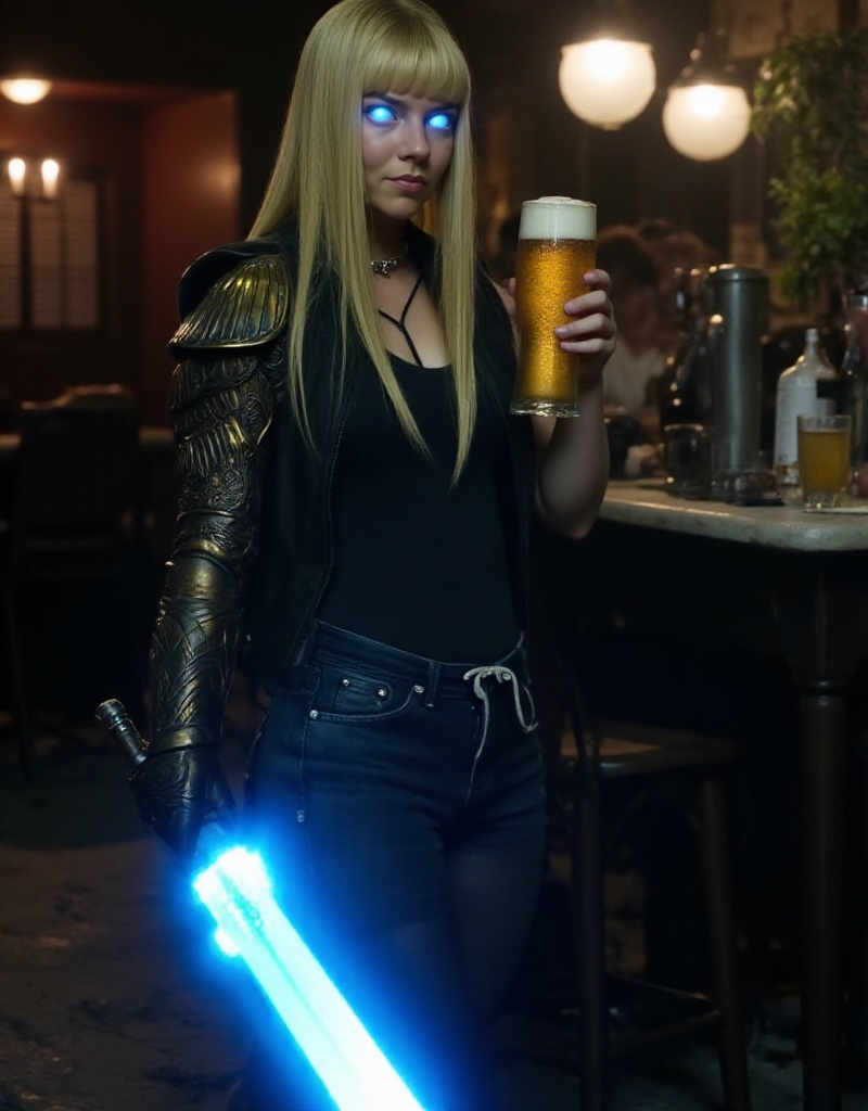 magik,  a woman with blond hair and a bangs and blue glowing eyes. She wears a armguard and jeans,  holds a blue energy gl...