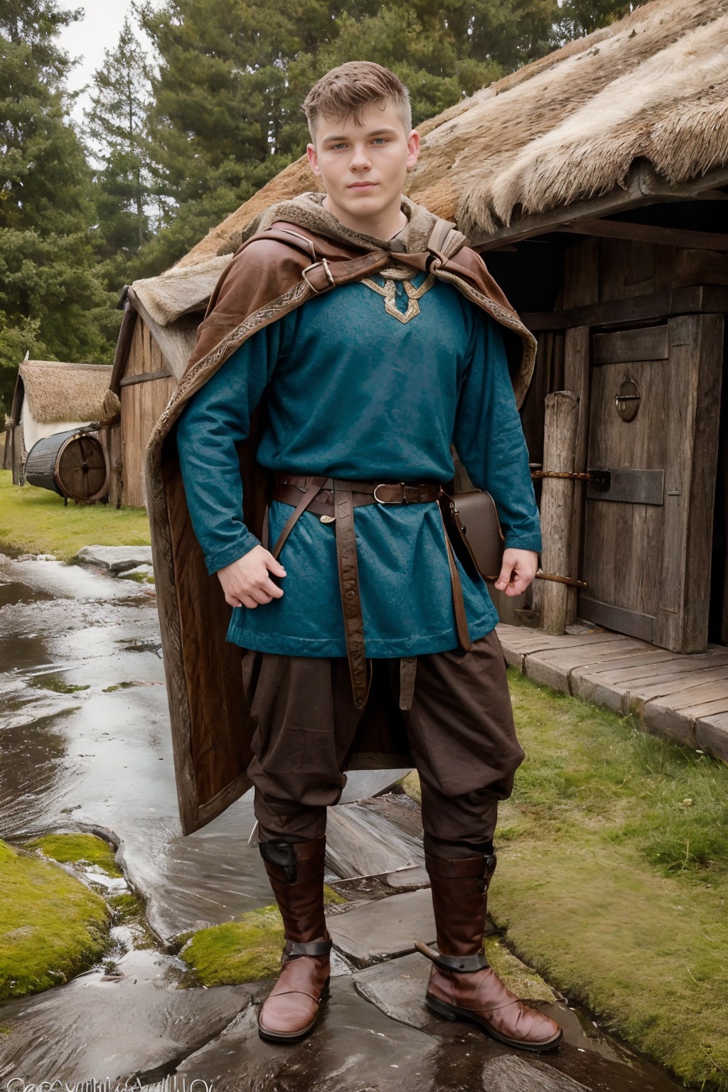 ViVi,  standing in a Viking village,  clean shaven on Tensor.Art