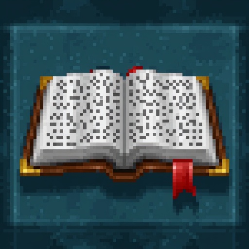 Knowledge skill icon. HoMM2 style. Icon depicts an open book with letters in a leather bound with gold edges and red bookm...