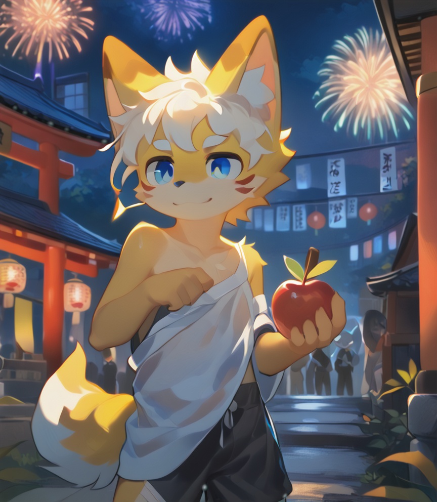 A boy with a fox mask on his forehead and a collarbone-length haircut with messy curls dons cat ears, his red and blue eyes gleaming amidst thick eyebrows. A scar adorns his nose as he gazes upwards, doggy eyes locked onto the night sky filled with fireworks. His orange scrubbed white hair flows in the gentle breeze, exposing his right shoulder as he stands barefoot near a torii gate at a lively festival. In one hand, he holds a handheld apple candy, while the other weaves feathers for a shrine. A bandaid wraps around his leg, and a bichu tail hangs down behind him. The cityscape sprawls out in the distance, illuminated by the vibrant lights of the festival.