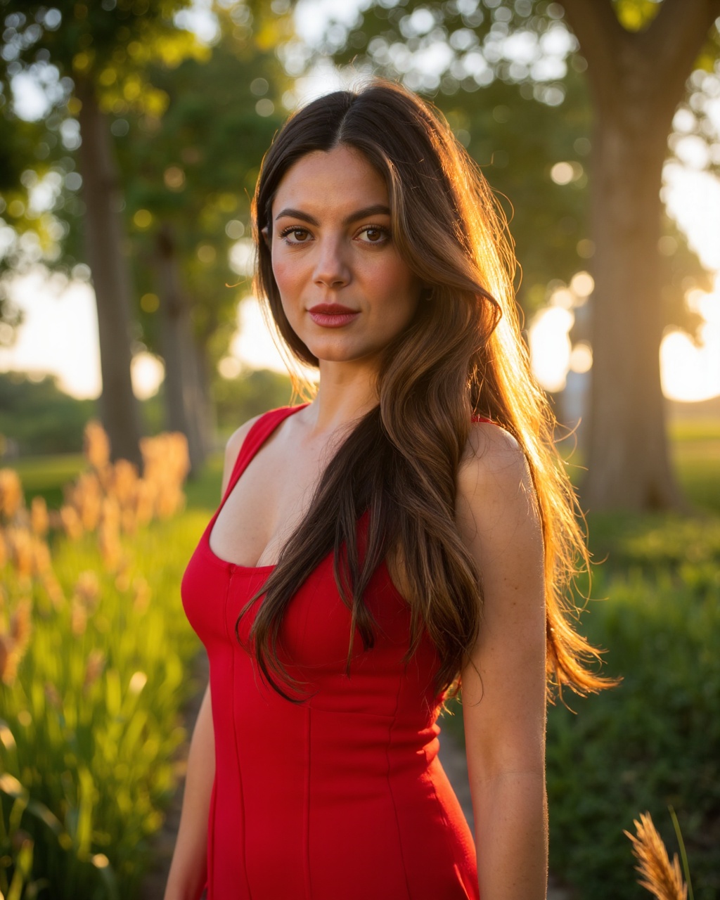 monica_barbaro standing in a natural,  sunlit park setting during the golden hour. She has a fair complexion,  long on Ten...