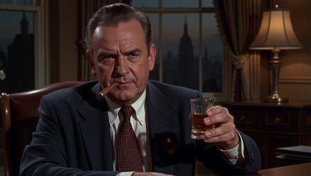A powerful mob boss in a tailored suit sits in his lavish office,  a glass of whiskey. Behind him,  a city skyline looms t...