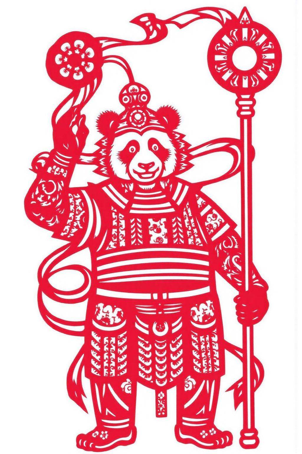 papercut art of a panda stands upright,  wearing elaborate traditional Chinese armor and holding a long staff with a circu...