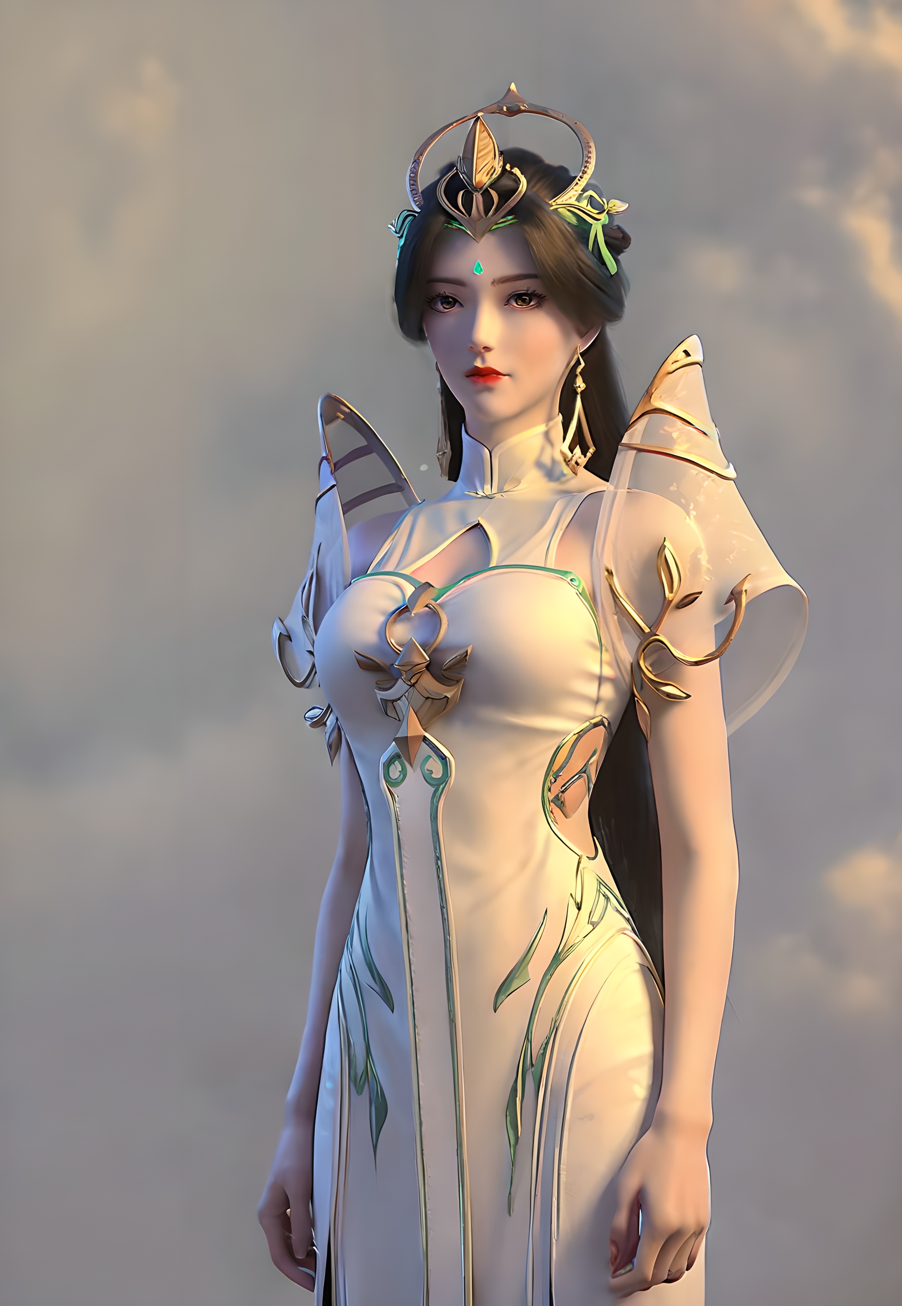 score_9,score_8_up,score_7_up,<lora:SF_LiuShen_Pony-000004:0.7>,1girl,solo,standing,dress,breasts,red lips,jewelry,hair ornament,earring,looking at viewer,white background,