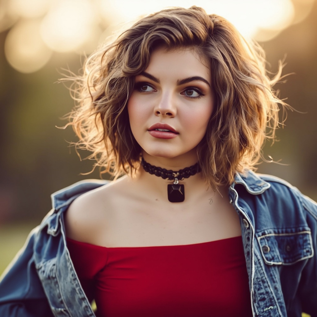 A portrait camren_bicondova captured in a candid moment during golden hour. She wears a red off-the-shoulder top and a denim jacket. A choker necklace with a pendant hangs around her neck. Her hair is styled in loose waves and falls to her shoulders. Her makeup is subtle, with dark eyeliner and mascara, and she has a neutral expression. The background is blurred, emphasizing the subject. The warm, golden light creates a serene atmosphere.