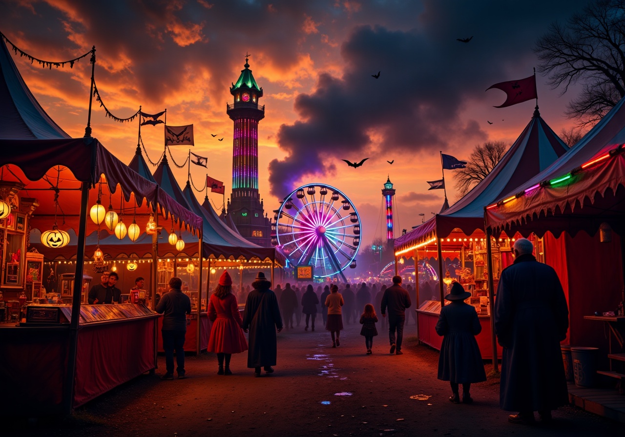 A Halloween carnival at dusk: The darkened fairground buzzes with laughter and faint screams. Neon lights from the rides c...