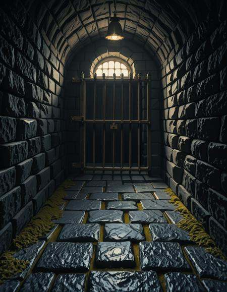 A highly detailed,  hyper-realistic photograph of a dark medieval dungeon prison cell. The scene is dimly lit by a single...